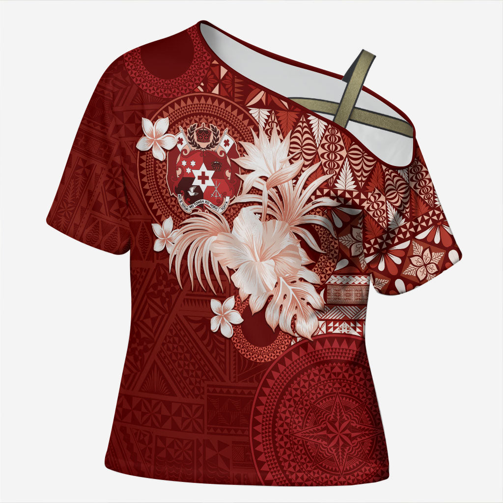 Tonga Ngatu Motifs Cross Shoulder Shirt With Coat Of Arms Red