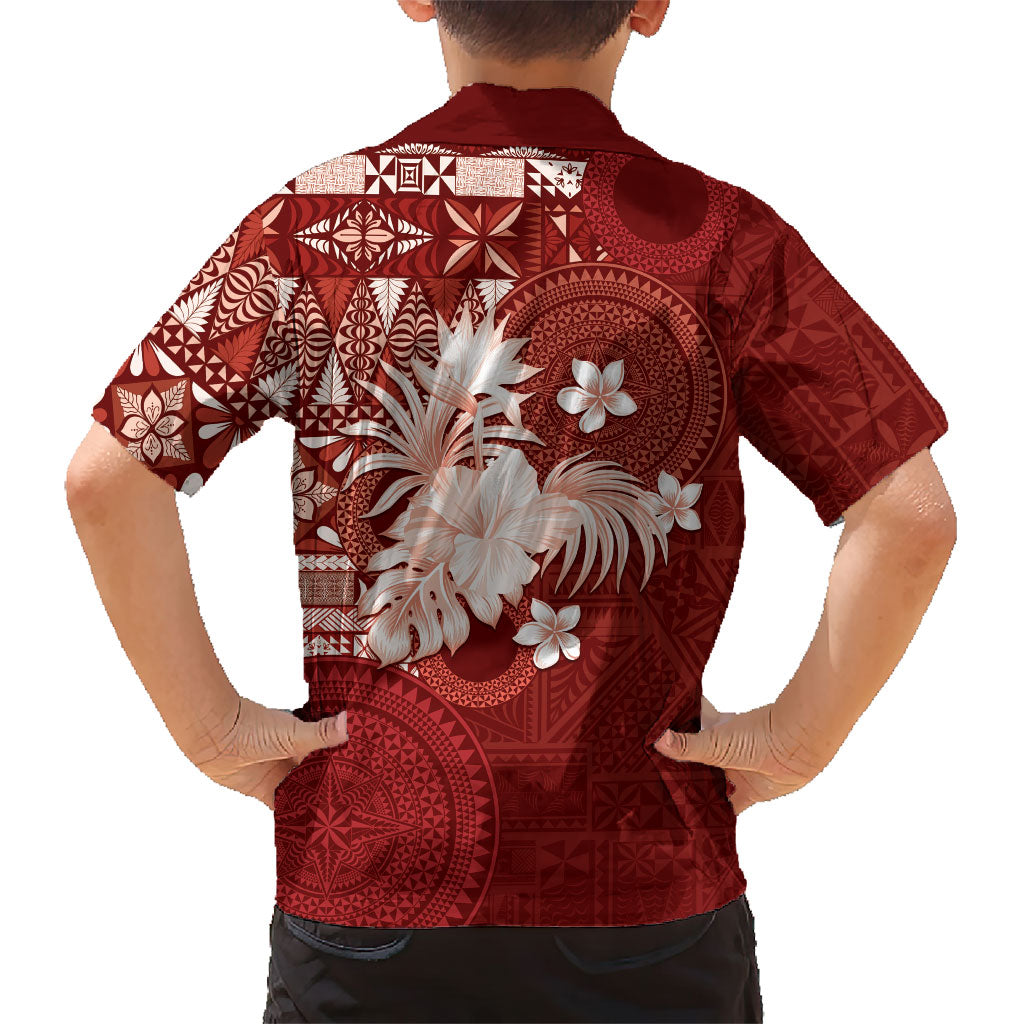 Tonga Ngatu Motifs Family Matching Off The Shoulder Long Sleeve Dress and Hawaiian Shirt With Coat Of Arms Red LT05 - Polynesian Pride