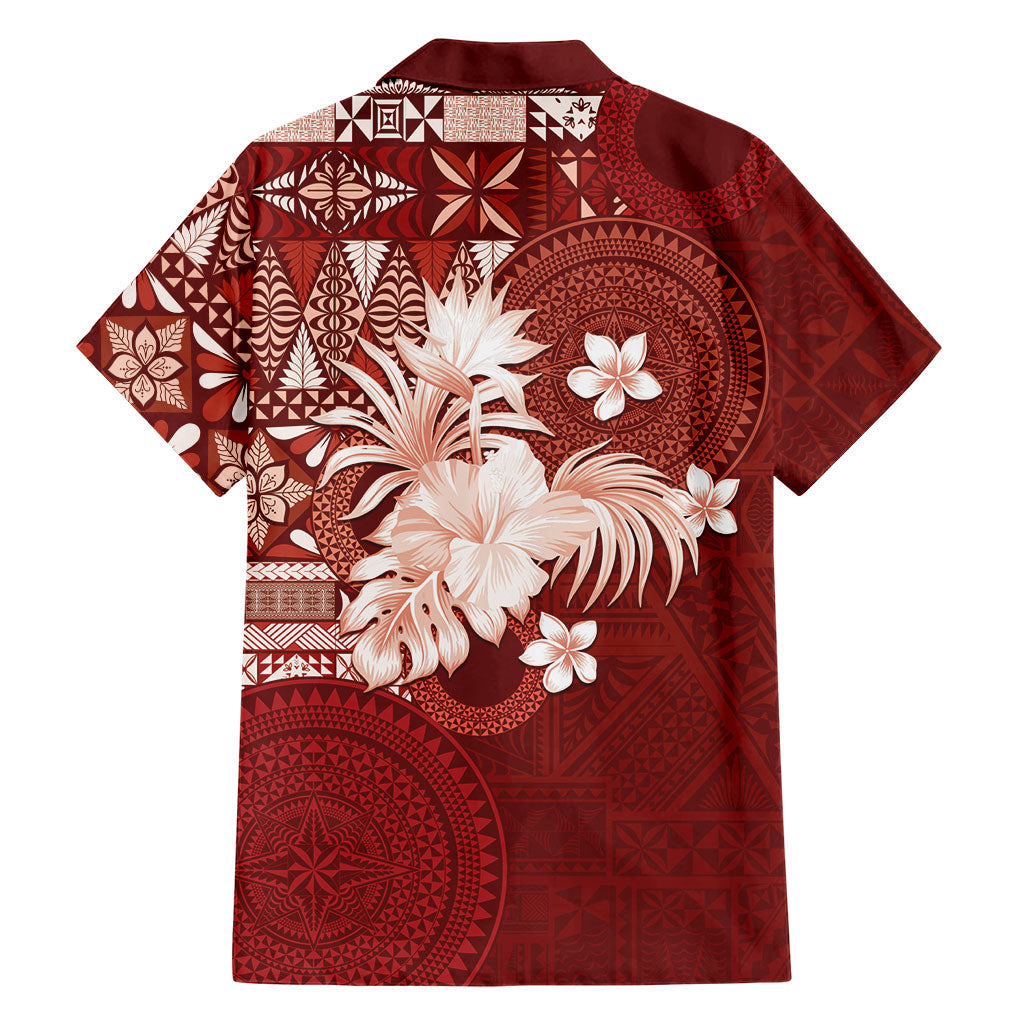 Tonga Ngatu Motifs Family Matching Off The Shoulder Long Sleeve Dress and Hawaiian Shirt With Coat Of Arms Red LT05 - Polynesian Pride