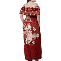 Tonga Ngatu Motifs Family Matching Off Shoulder Maxi Dress and Hawaiian Shirt With Coat Of Arms Red LT05 - Polynesian Pride