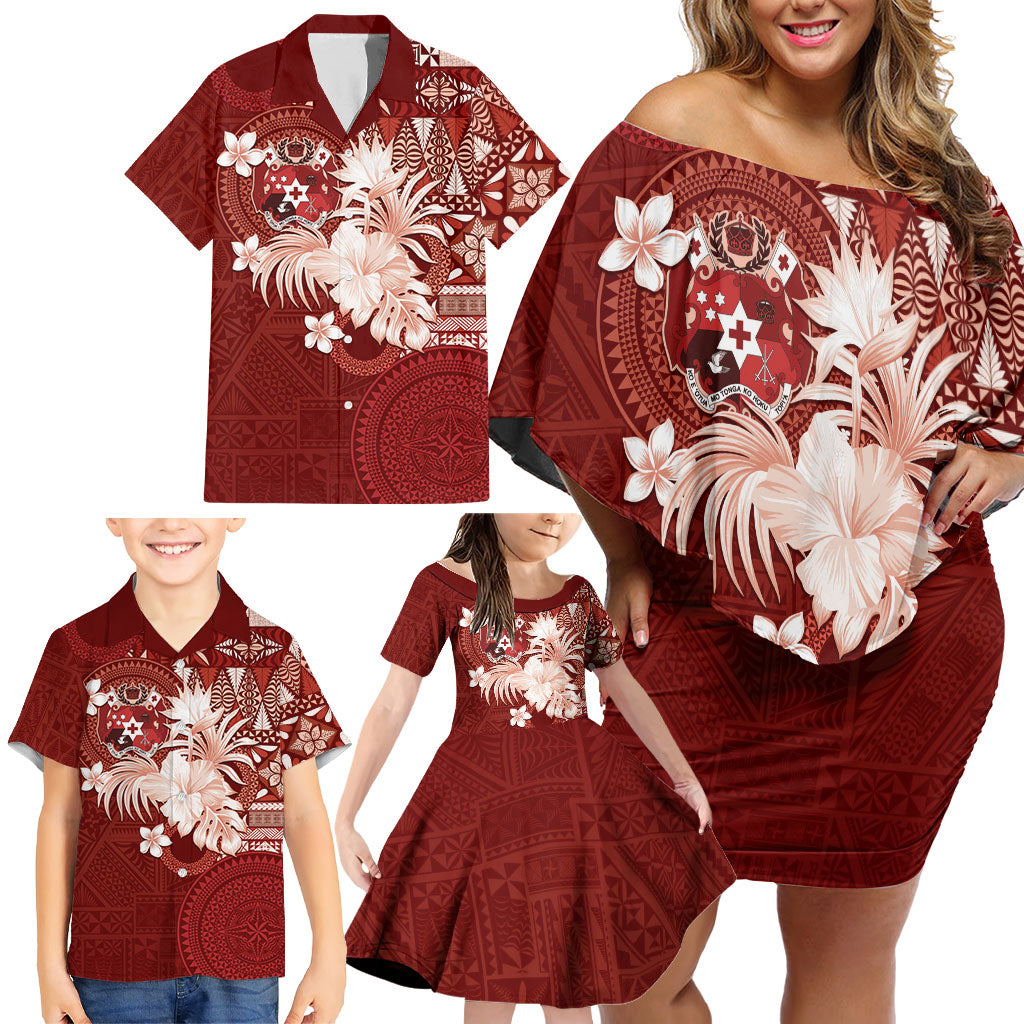 Tonga Ngatu Motifs Family Matching Off Shoulder Short Dress and Hawaiian Shirt With Coat Of Arms Red LT05 - Polynesian Pride