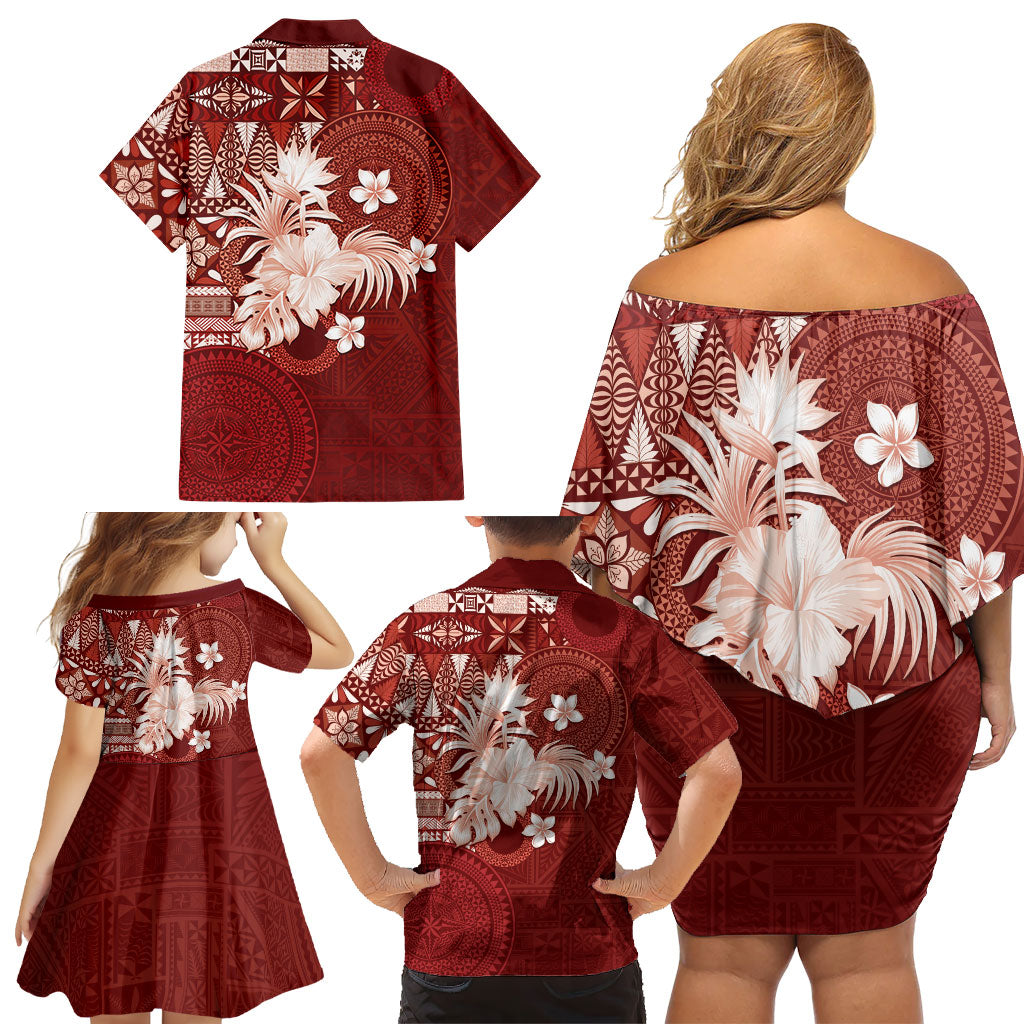 Tonga Ngatu Motifs Family Matching Off Shoulder Short Dress and Hawaiian Shirt With Coat Of Arms Red LT05 - Polynesian Pride