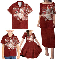 Tonga Ngatu Motifs Family Matching Puletasi and Hawaiian Shirt With Coat Of Arms Red LT05 - Polynesian Pride