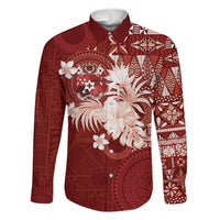 Tonga Ngatu Motifs Family Matching Puletasi and Hawaiian Shirt With Coat Of Arms Red LT05 Dad's Shirt - Long Sleeve Red - Polynesian Pride