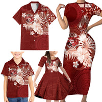 Tonga Ngatu Motifs Family Matching Short Sleeve Bodycon Dress and Hawaiian Shirt With Coat Of Arms Red LT05 - Polynesian Pride