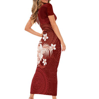 Tonga Ngatu Motifs Family Matching Short Sleeve Bodycon Dress and Hawaiian Shirt With Coat Of Arms Red LT05 - Polynesian Pride