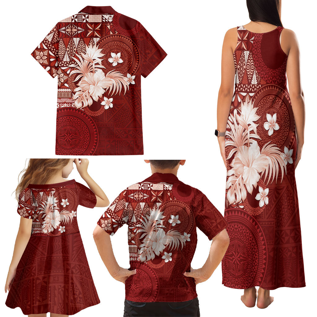 Tonga Ngatu Motifs Family Matching Tank Maxi Dress and Hawaiian Shirt With Coat Of Arms Red LT05 - Polynesian Pride