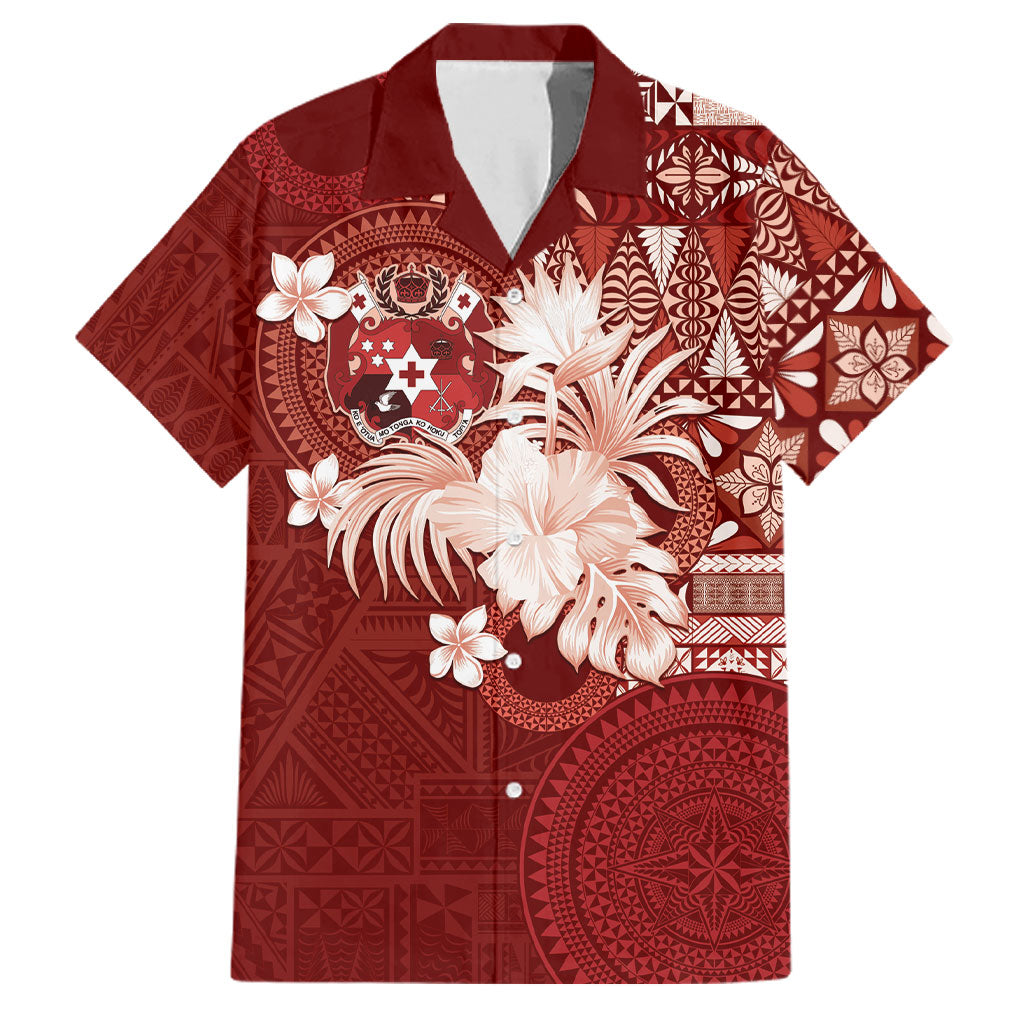 Tonga Ngatu Motifs Family Matching Tank Maxi Dress and Hawaiian Shirt With Coat Of Arms Red LT05 Dad's Shirt - Short Sleeve Red - Polynesian Pride