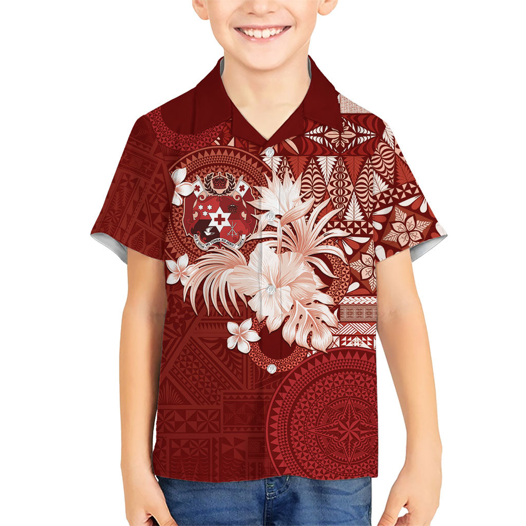 Tonga Ngatu Motifs Family Matching Tank Maxi Dress and Hawaiian Shirt With Coat Of Arms Red LT05 Son's Shirt Red - Polynesian Pride