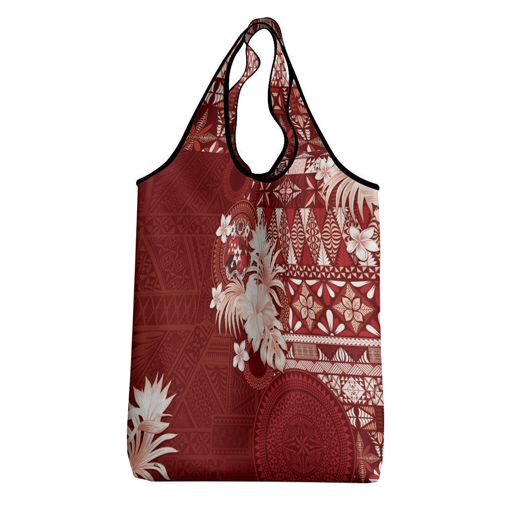 Tonga Ngatu Motifs Grocery Bag With Coat Of Arms Red