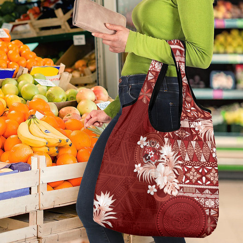 Tonga Ngatu Motifs Grocery Bag With Coat Of Arms Red