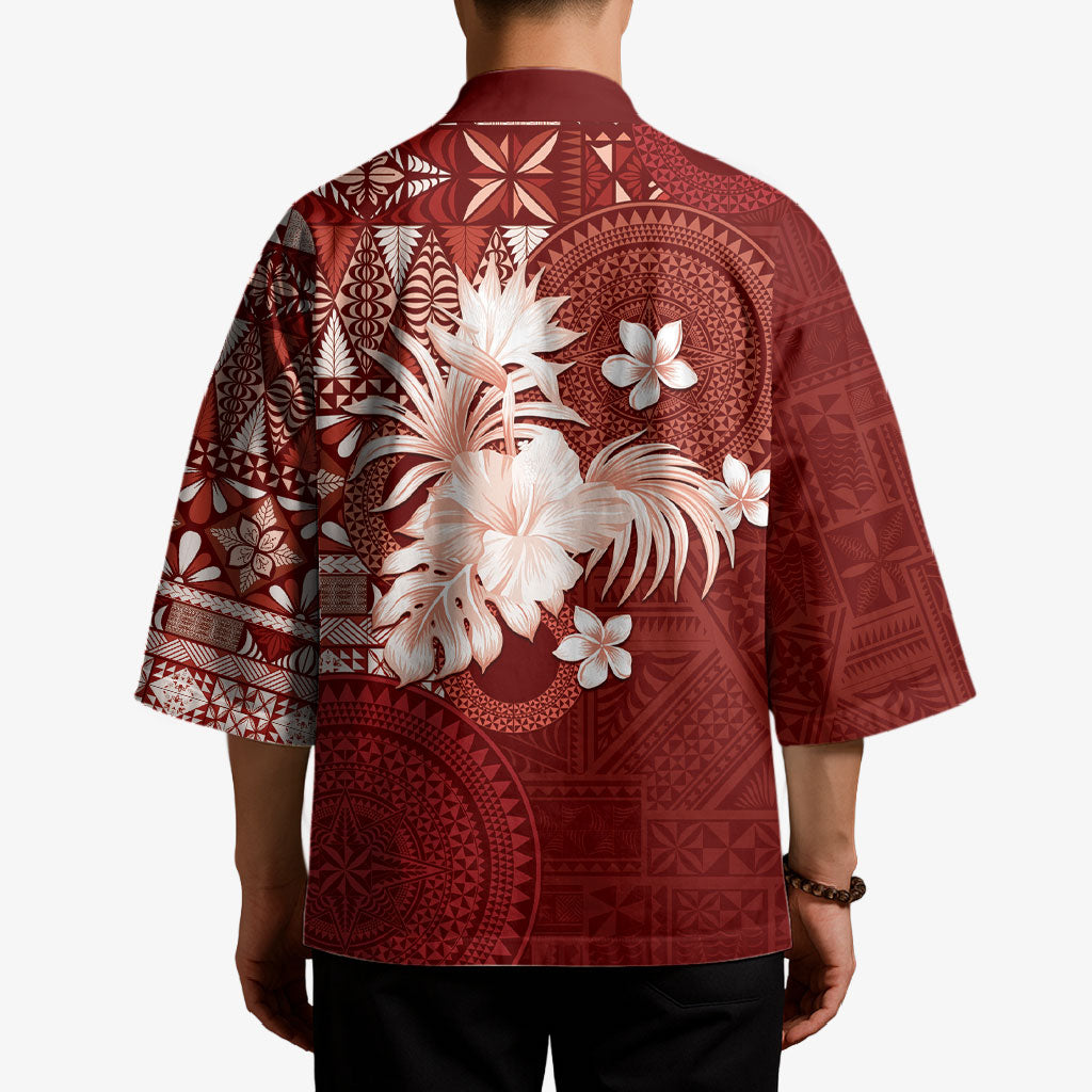 Tonga Ngatu Motifs Kimono With Coat Of Arms Red