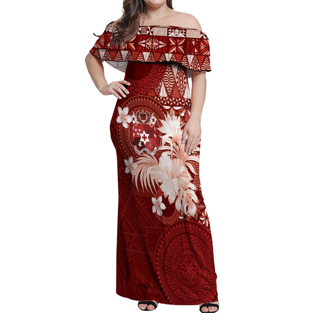Tonga Ngatu Motifs Off Shoulder Maxi Dress With Coat Of Arms Red