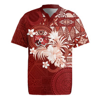 Tonga Ngatu Motifs Rugby Jersey With Coat Of Arms Red LT05 Red - Polynesian Pride