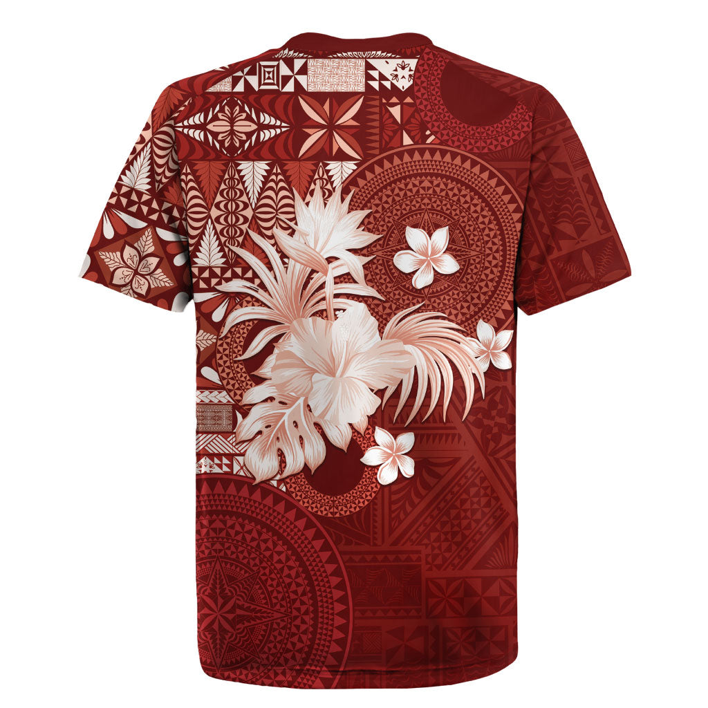 Tonga Ngatu Motifs Rugby Jersey With Coat Of Arms Red LT05 - Polynesian Pride