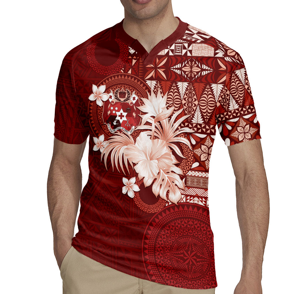 Tonga Ngatu Motifs Rugby Jersey With Coat Of Arms Red LT05 - Polynesian Pride