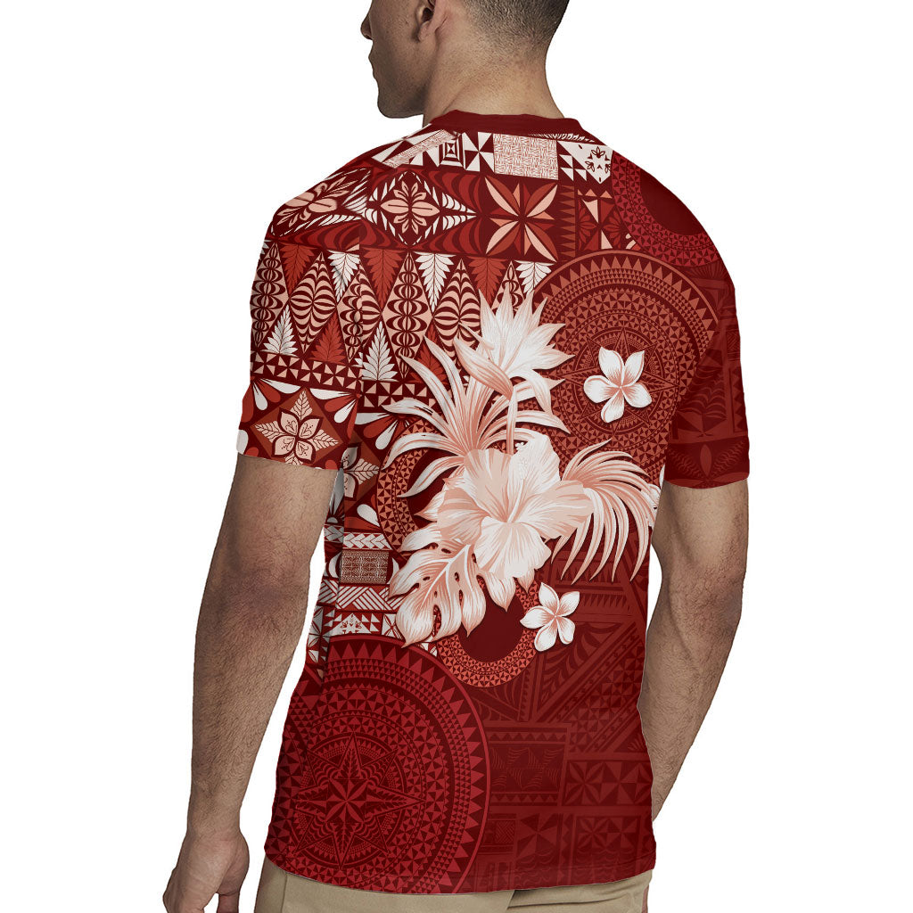 Tonga Ngatu Motifs Rugby Jersey With Coat Of Arms Red LT05 - Polynesian Pride
