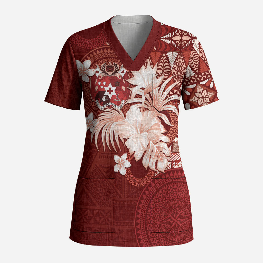 Tonga Ngatu Motifs Scrub Top With Coat Of Arms Red