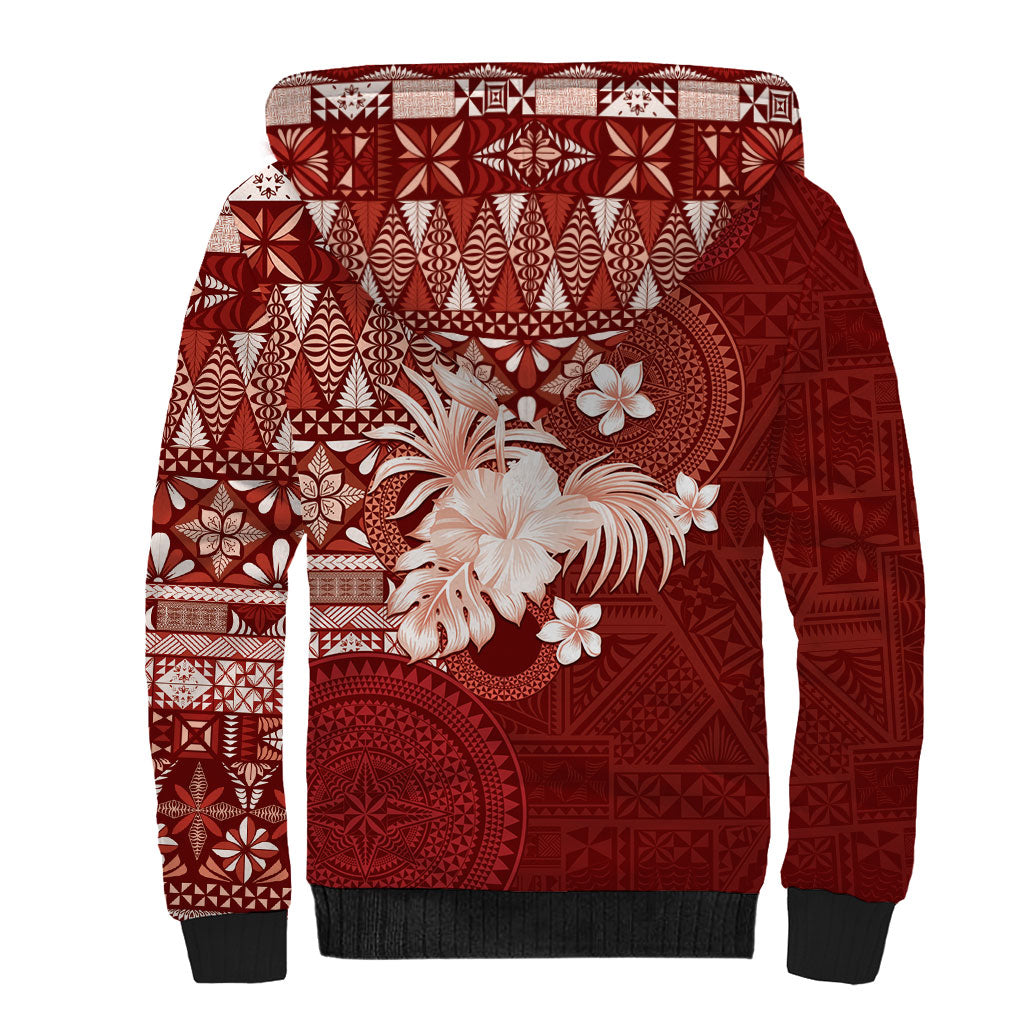 Tonga Ngatu Motifs Sherpa Hoodie With Coat Of Arms Red