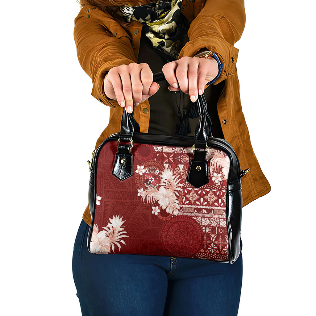 Tonga Ngatu Motifs Shoulder Handbag With Coat Of Arms Red LT05 One Size Red - Polynesian Pride
