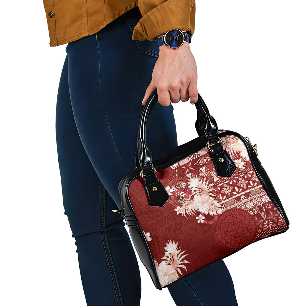 Tonga Ngatu Motifs Shoulder Handbag With Coat Of Arms Red LT05 - Polynesian Pride