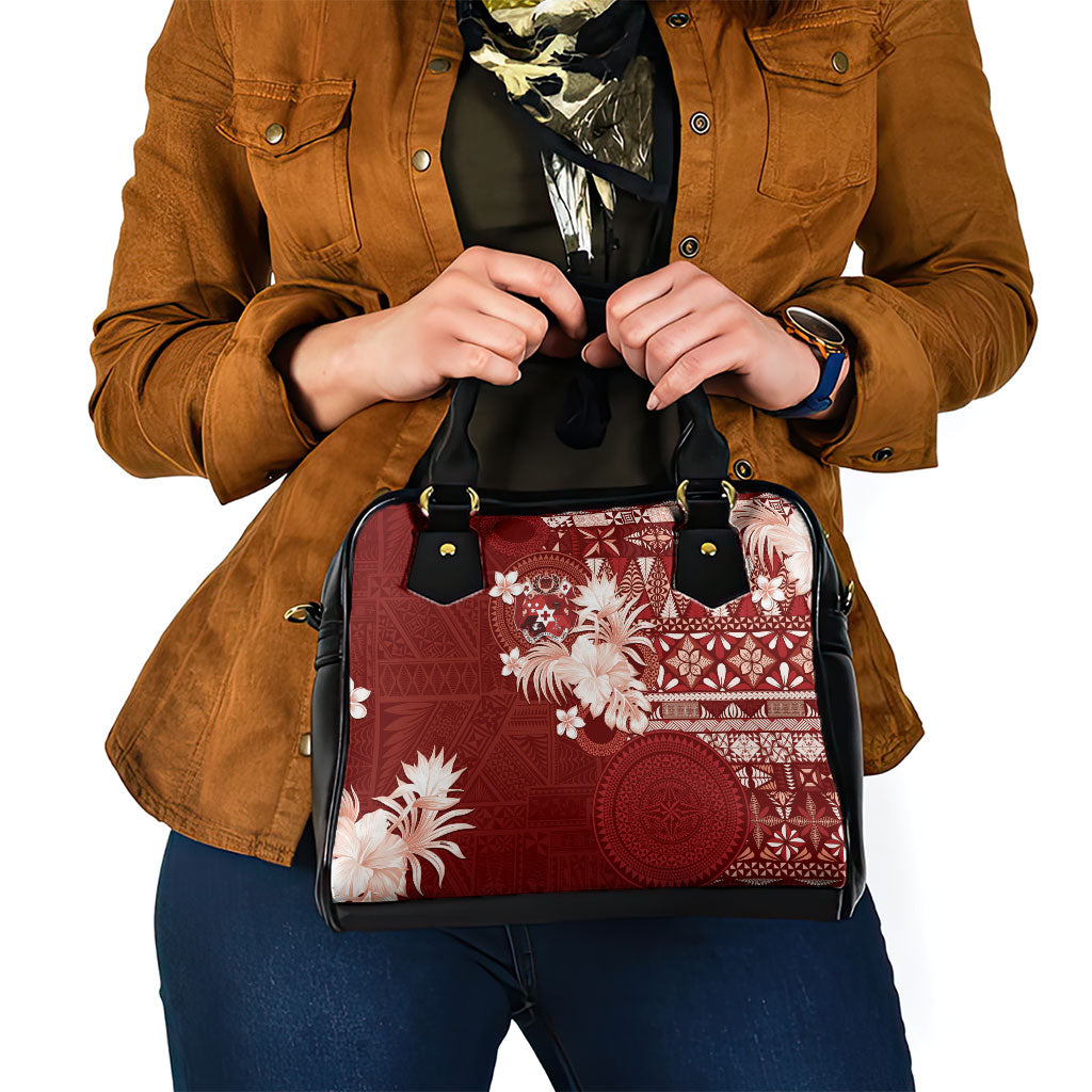 Tonga Ngatu Motifs Shoulder Handbag With Coat Of Arms Red LT05 - Polynesian Pride