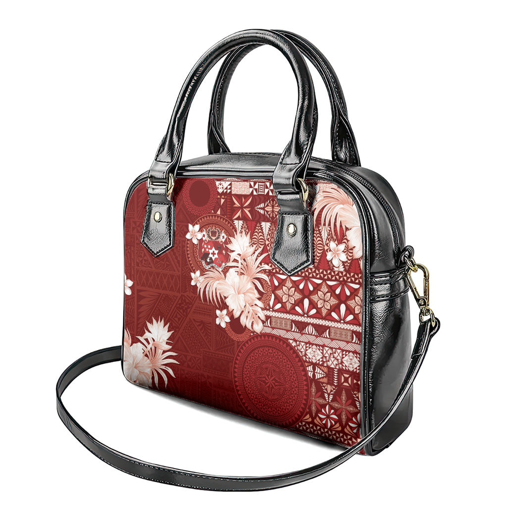 Tonga Ngatu Motifs Shoulder Handbag With Coat Of Arms Red LT05 - Polynesian Pride