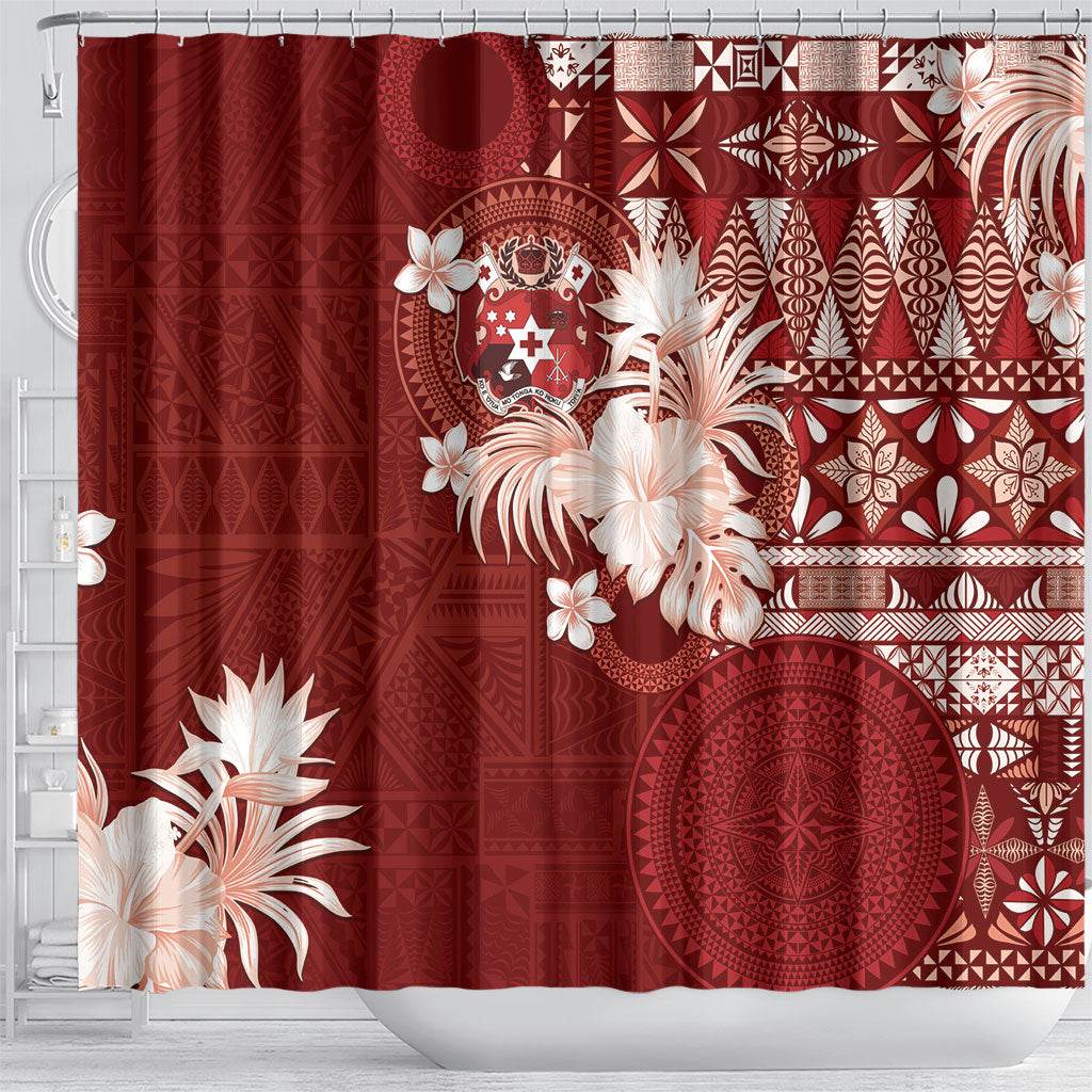 Tonga Ngatu Motifs Shower Curtain With Coat Of Arms Red