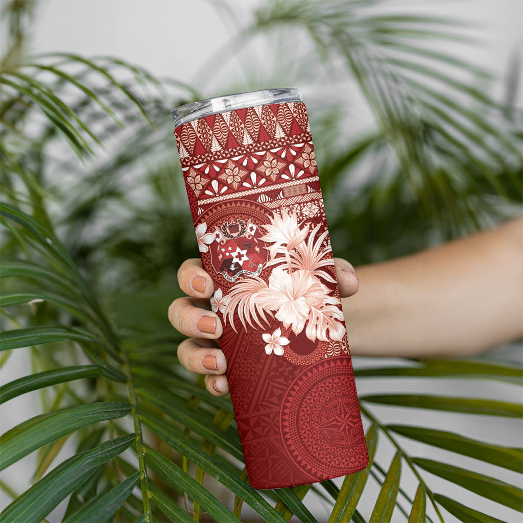 Tonga Ngatu Motifs Skinny Tumbler With Coat Of Arms Red LT05 - Polynesian Pride