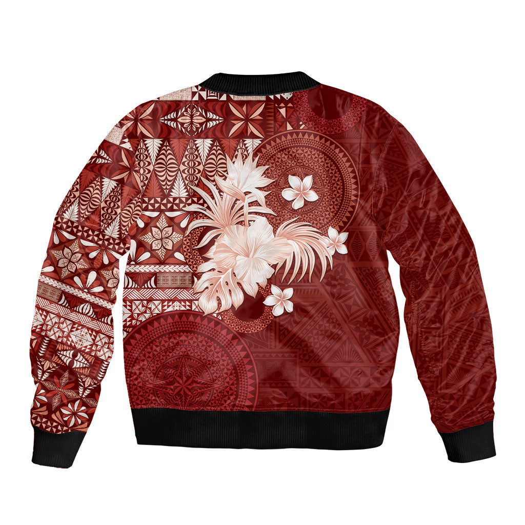 Tonga Ngatu Motifs Sleeve Zip Bomber Jacket With Coat Of Arms Red