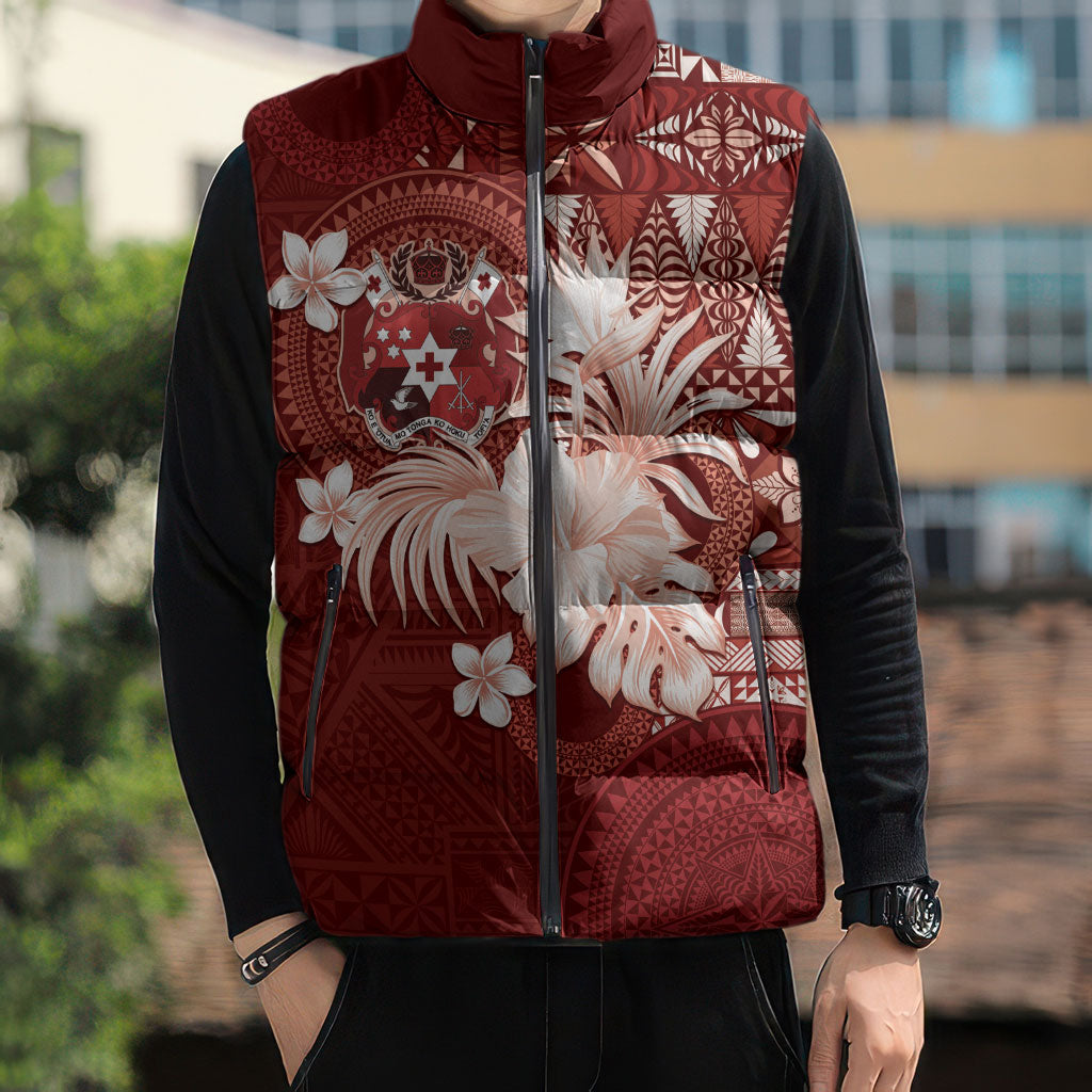 Tonga Ngatu Motifs Sleeveless Puffer Jacket With Coat Of Arms Red