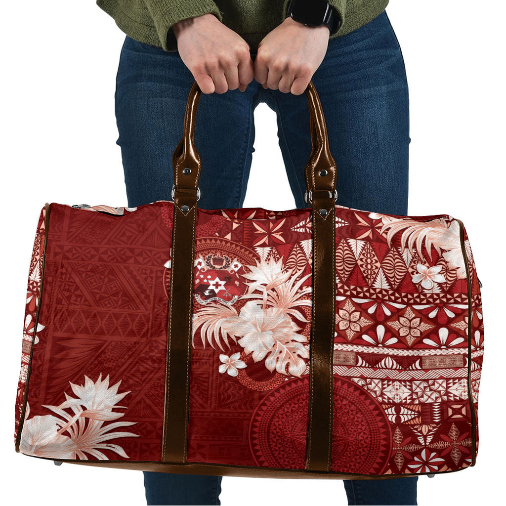 Tonga Ngatu Motifs Travel Bag With Coat Of Arms Red LT05 Red - Polynesian Pride