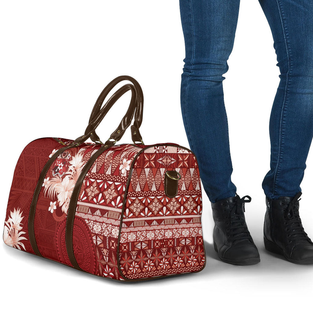 Tonga Ngatu Motifs Travel Bag With Coat Of Arms Red LT05 - Polynesian Pride