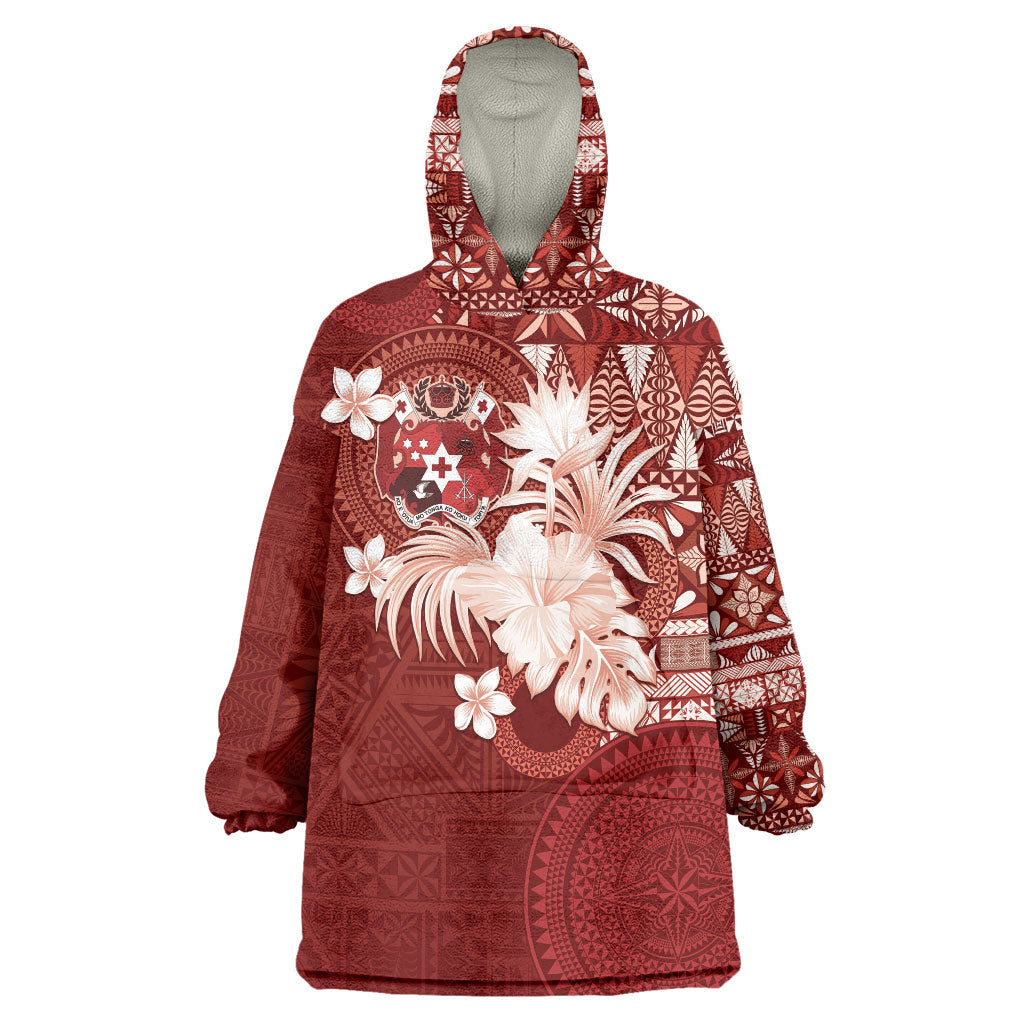 Tonga Ngatu Motifs Wearable Blanket Hoodie With Coat Of Arms Red LT05 One Size Red - Polynesian Pride