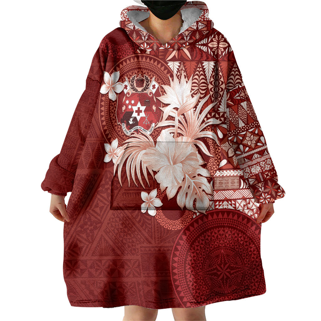 Tonga Ngatu Motifs Wearable Blanket Hoodie With Coat Of Arms Red LT05 - Polynesian Pride