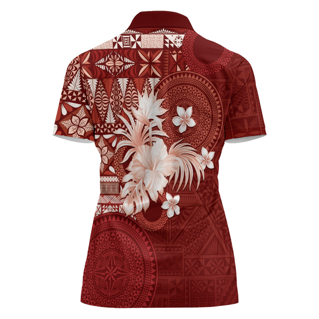 Tonga Ngatu Motifs Women Polo Shirt With Coat Of Arms Red LT05 - Polynesian Pride