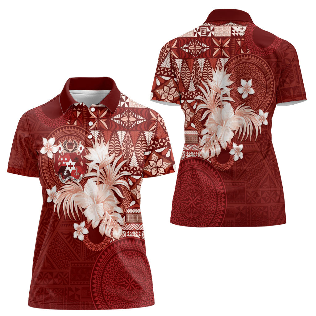 Tonga Ngatu Motifs Women Polo Shirt With Coat Of Arms Red LT05 - Polynesian Pride