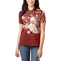 Tonga Ngatu Motifs Women Polo Shirt With Coat Of Arms Red LT05 - Polynesian Pride