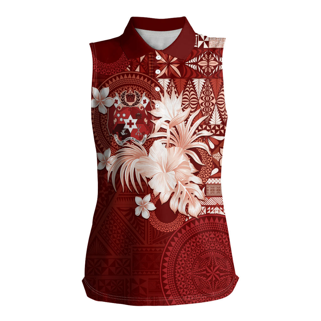 Tonga Ngatu Motifs Women Sleeveless Polo Shirt With Coat Of Arms Red