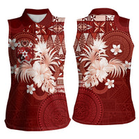 Tonga Ngatu Motifs Women Sleeveless Polo Shirt With Coat Of Arms Red LT05 - Polynesian Pride