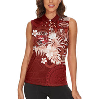 Tonga Ngatu Motifs Women Sleeveless Polo Shirt With Coat Of Arms Red LT05 - Polynesian Pride