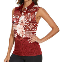 Tonga Ngatu Motifs Women Sleeveless Polo Shirt With Coat Of Arms Red LT05 - Polynesian Pride