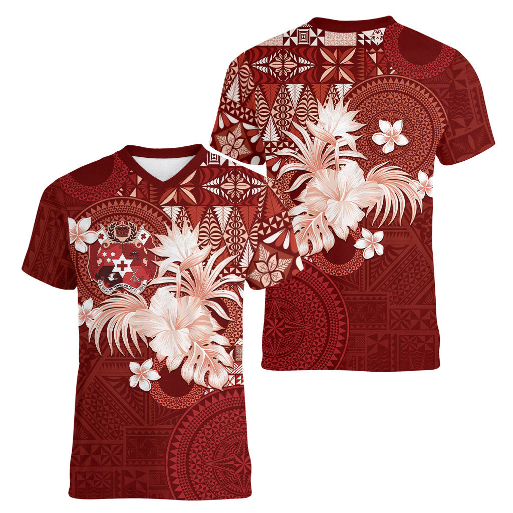 Tonga Ngatu Motifs Women V-Neck T-Shirt With Coat Of Arms Red LT05 - Polynesian Pride