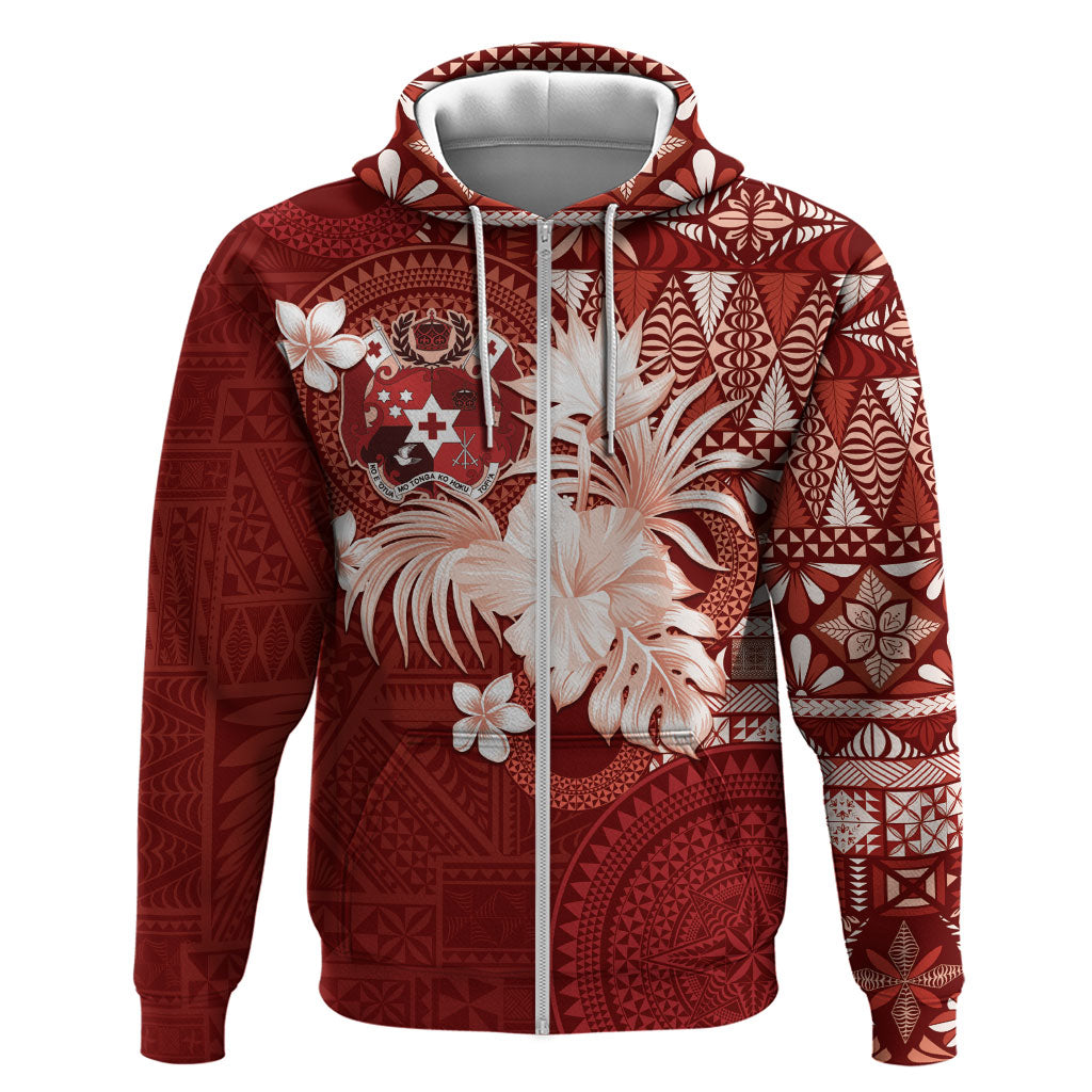 Tonga Ngatu Motifs Zip Hoodie With Coat Of Arms Red LT05 Zip Hoodie Red - Polynesian Pride