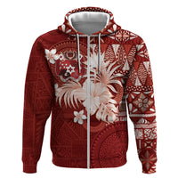 Tonga Ngatu Motifs Zip Hoodie With Coat Of Arms Red LT05 Zip Hoodie Red - Polynesian Pride