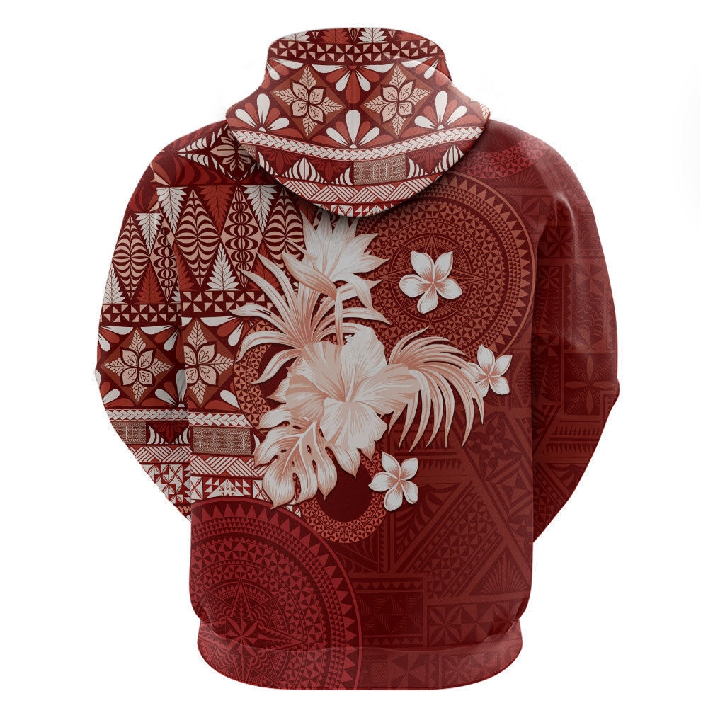 Tonga Ngatu Motifs Zip Hoodie With Coat Of Arms Red LT05 - Polynesian Pride