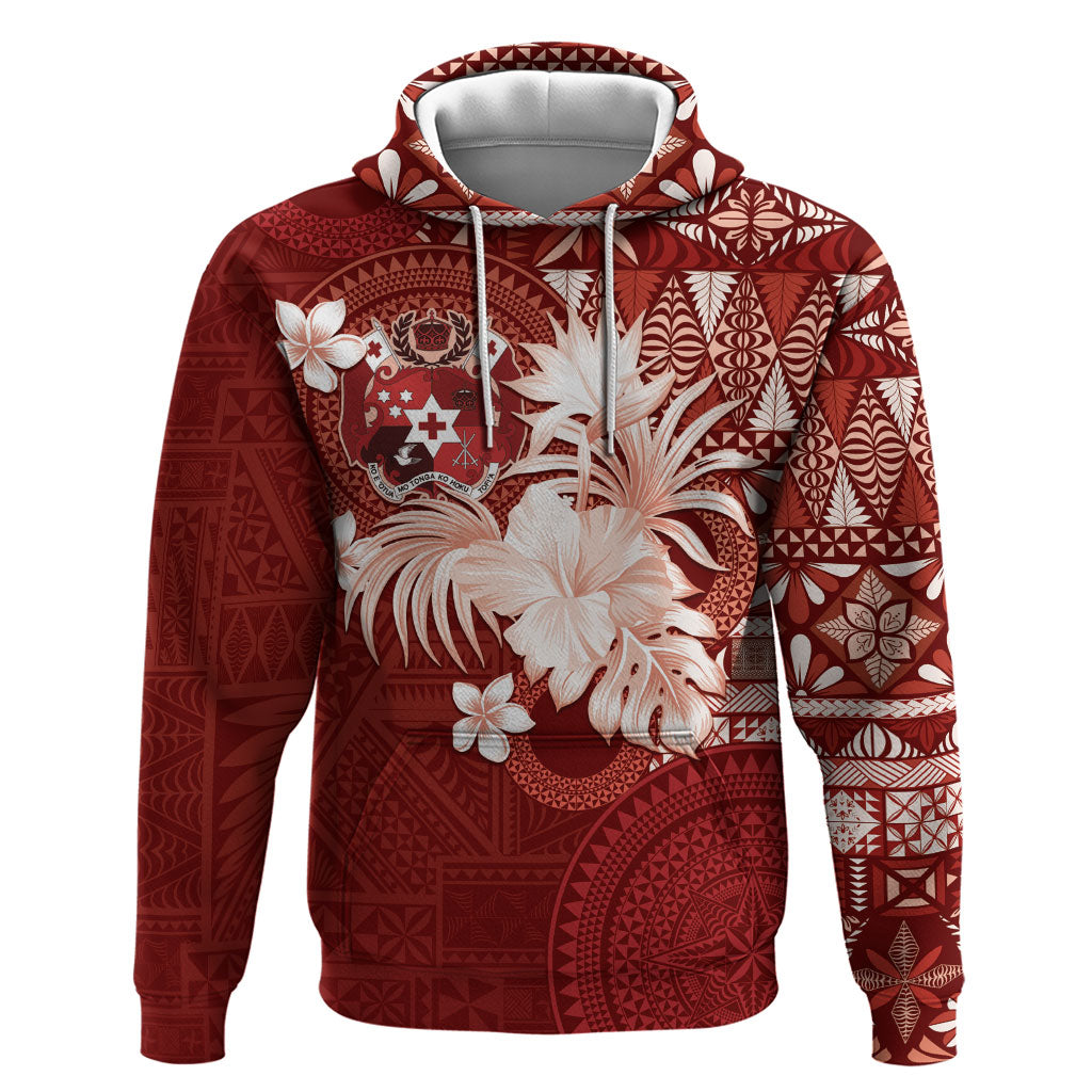 Tonga Ngatu Motifs Zip Hoodie With Coat Of Arms Red LT05 Pullover Hoodie Red - Polynesian Pride