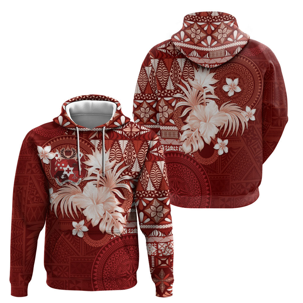 Tonga Ngatu Motifs Zip Hoodie With Coat Of Arms Red LT05 - Polynesian Pride
