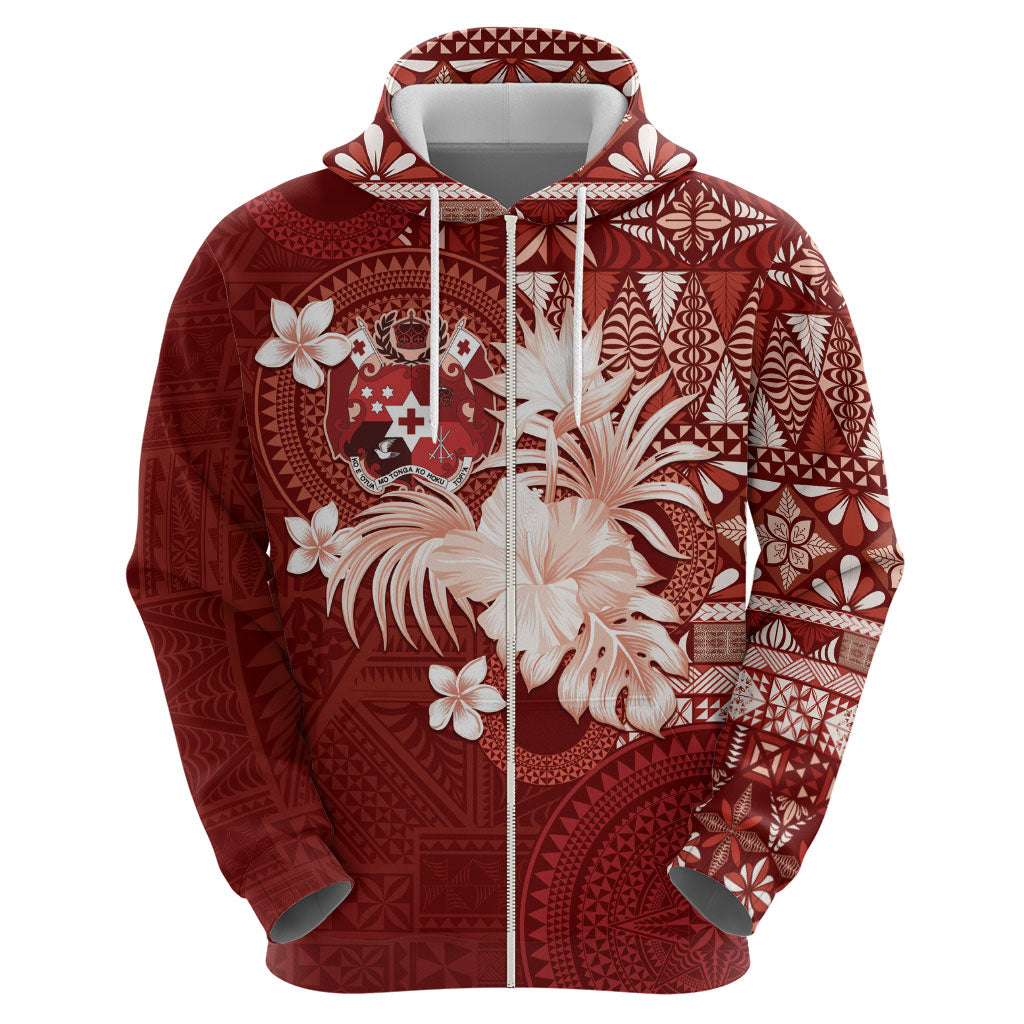 Tonga Ngatu Motifs Zip Hoodie With Coat Of Arms Red LT05 - Polynesian Pride