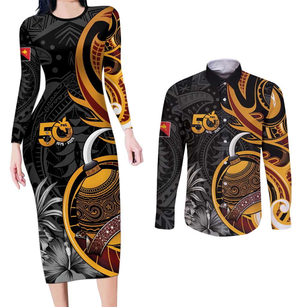 Personalised Papua New Guinea Couples Matching Long Sleeve Bodycon Dress and Long Sleeve Button Shirt Happy 50th Independence Anniversary - Polynesian Pride